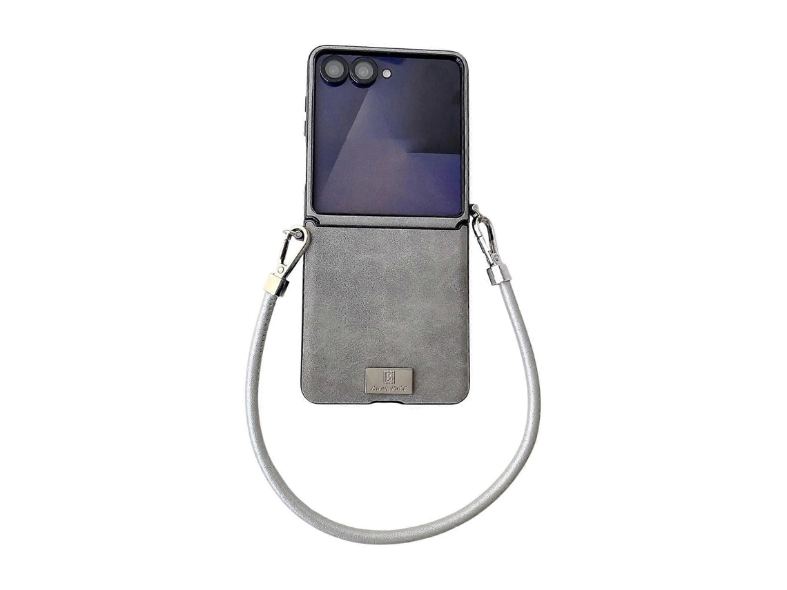 Capa Para Celular Em Couro De Cordeiro Estilo Placa De Identificação, Com Fivela Lateral E Alça Para Samsung Galaxy Z Flip7 5g.