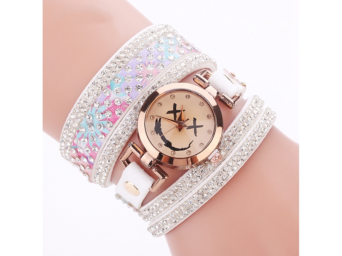 Relógio de Pulseira Feminino Quartzo Camurça Multicamada Strass Fashion Branco