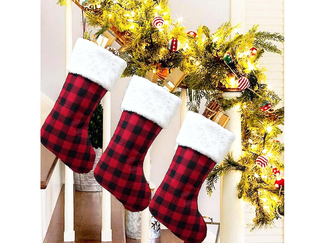 Meias De Natal Com Punhos De Pelúcia (xadrez De Búfalo) Olysi Shop (pacote Com 3, 42 Cm)