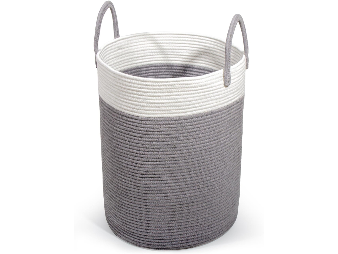 Cesto De Roupa De Algodão - Com Alça - Trançado - Grande - Para Quarto Infantil (cinza & Branco, D 38 X A 50 Cm)