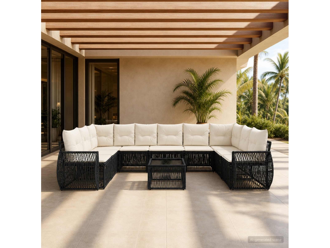 Vidaxl Conjunto De Sofá De Jardim 11 Unid. Preto E Branco Creme
