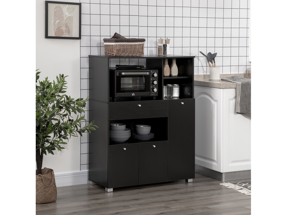 Buffet Cozinha Suporte Micro ondas 90x40x120 Cm Preto 2 Portas 1 Gaveta Prateleiras Utensílios Cozinha ZIWEI STORE