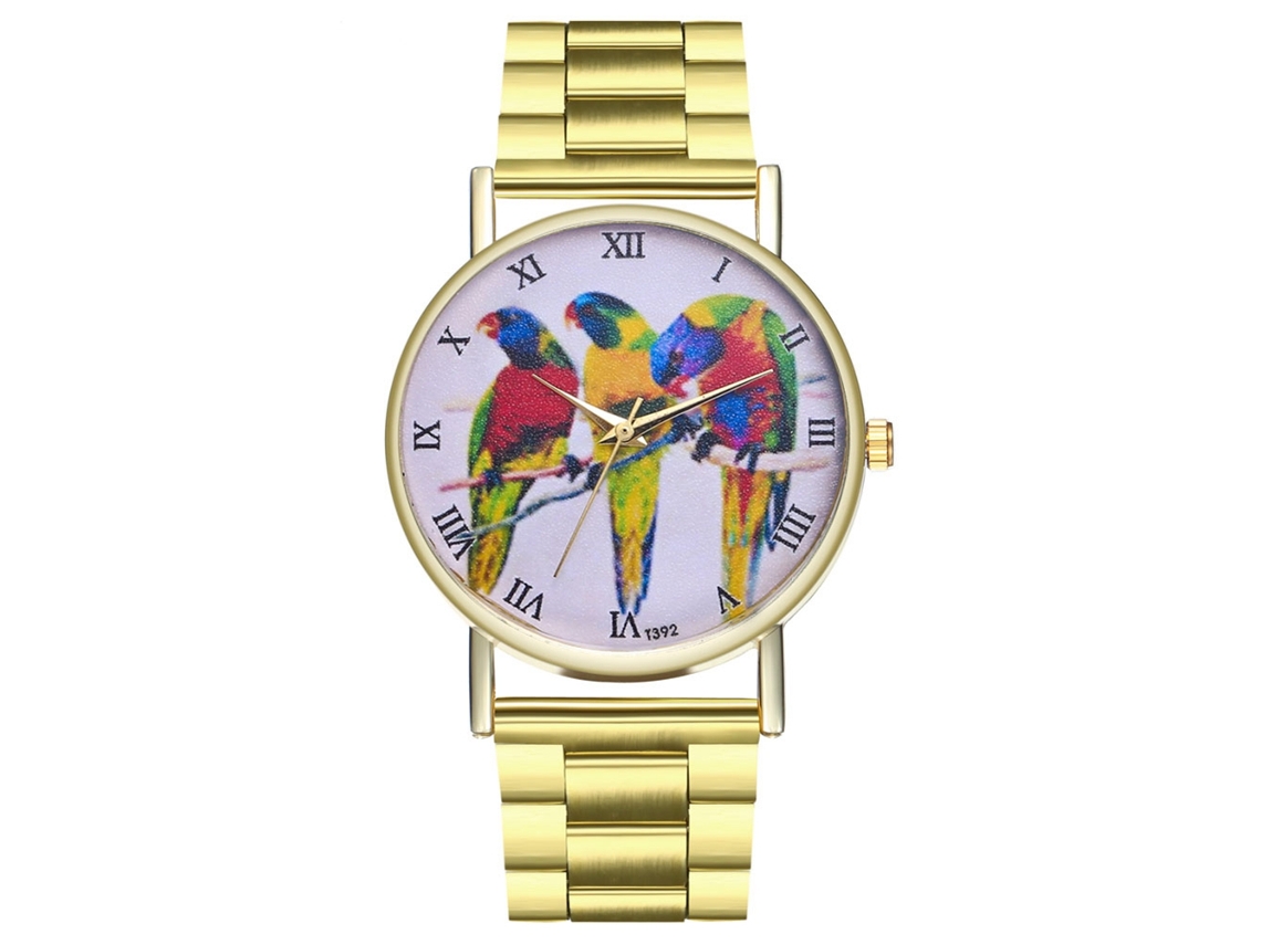 Relógio de pulso unissex com estampa de papagaio colorido, pulseira de aço, movimento de quartzo, Zhoulianfa