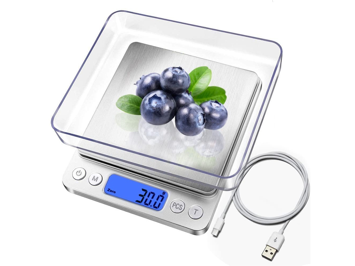 Balança Cozinha Digital Mini 3kg/0,1g Usb Recarregável, À Prova D'água, Lcd, Aço Inox ZYBLSSBB