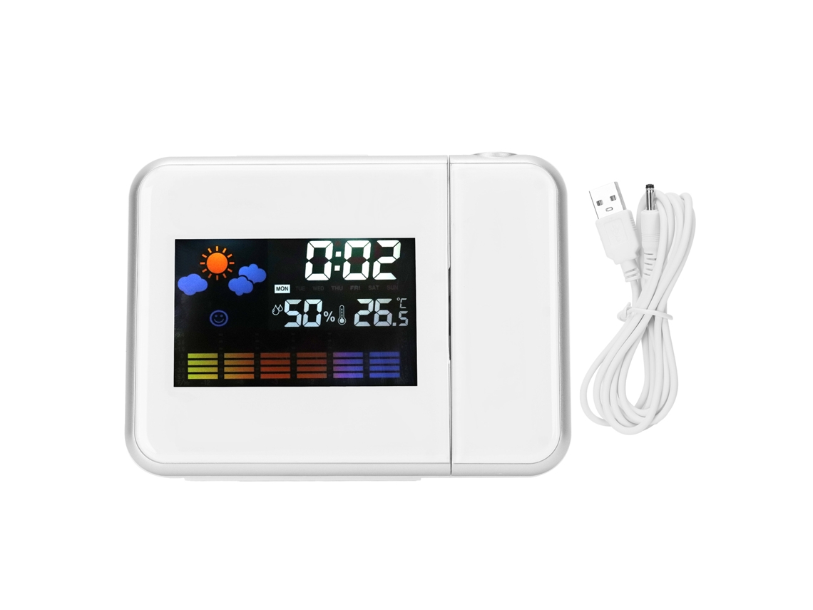 Reloj Led Proyección Interior Termómetro Higrómetro Pronóstico Del Tiempo Alarma Calendario Perpetuo Blanco