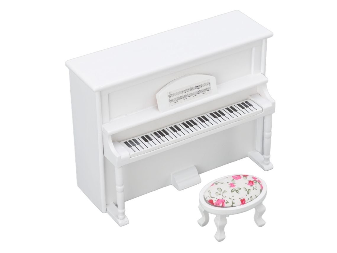 Primerox piano Miniatura de Madeira Branco para Casinha de Bonecas 1:12 com Banquinho de Música