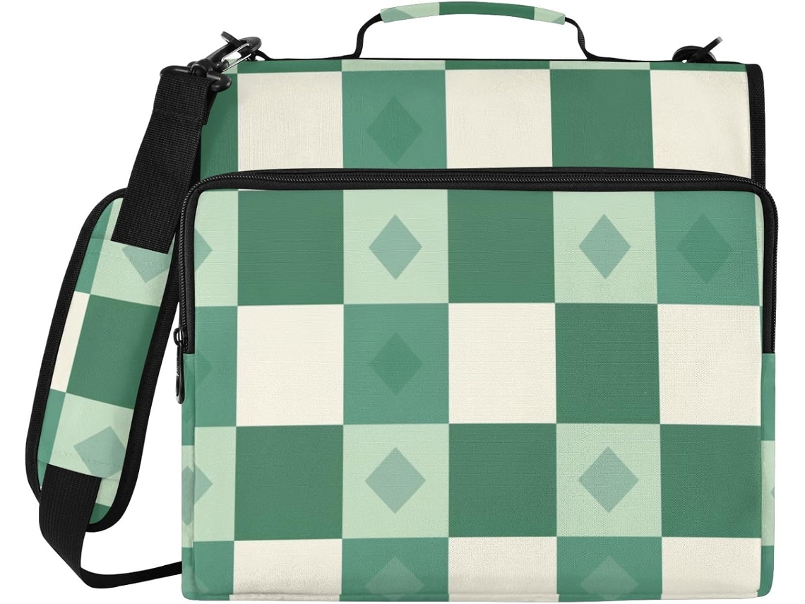 Pasta 3 Argolas Xadrez Creme Jade Com Alça E Ombro Removível, Impermeável, Armazenamento de Documentos Escolar