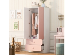 Roupeiro Modfu Em Madeira Rosa E Branco Com Varão E 2 Gavetas 70 X 40 X 170 Cm