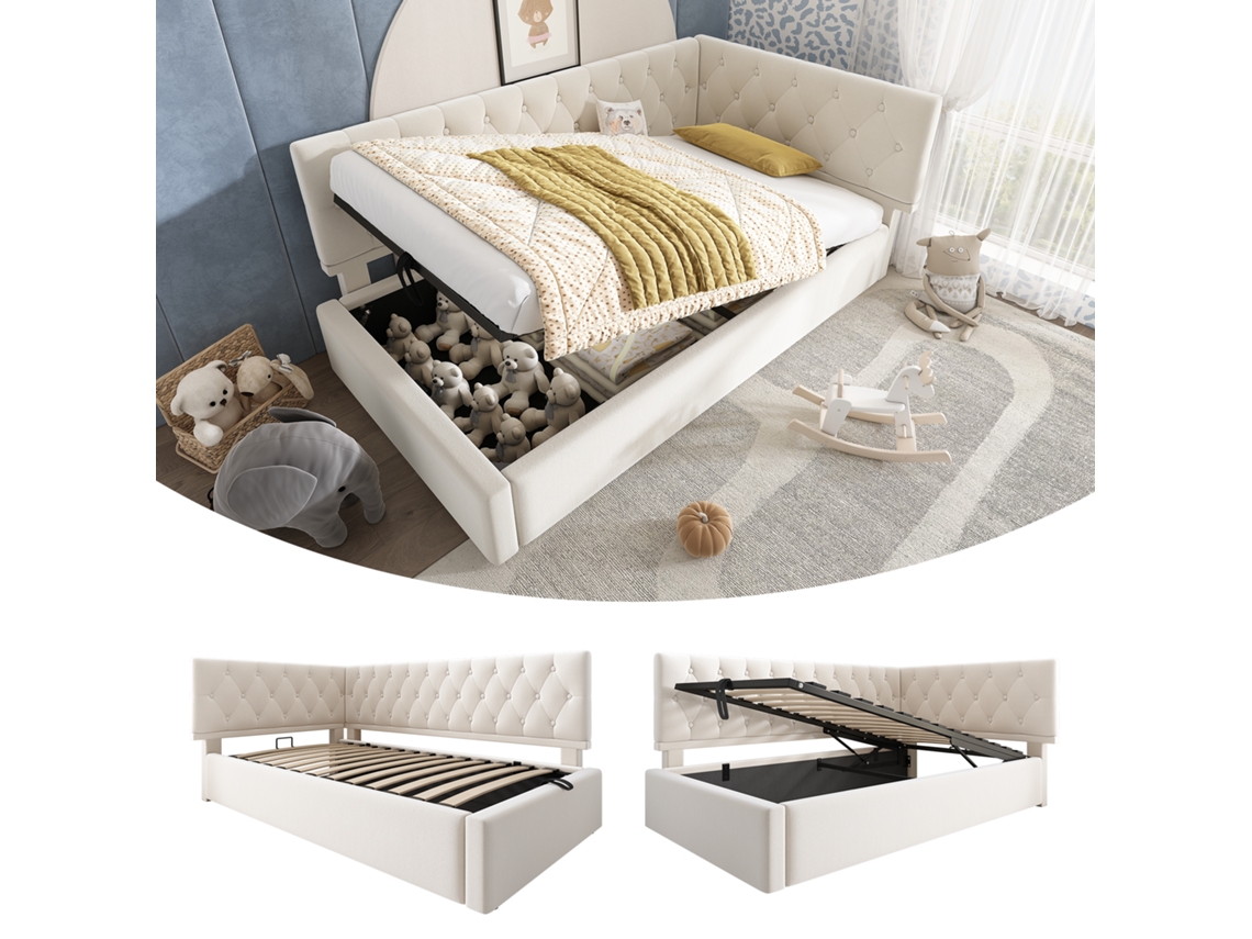 Cama Estofada Daybed 90x190cm, Sofá-cama Com Armazenamento Hidráulico, Cama Para Jovens Com Base De Ripas Em Madeira, Veludo, Bege, Sem Colchão.-op
