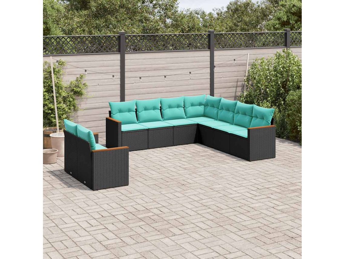 Vidaxl Conjunto De Sofá De Jardim De 9 Peças Com Almofadas Em Rattan Sintético Preto
