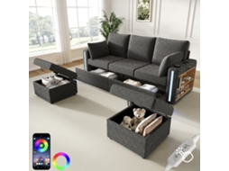 Sofá Modular U/l Com 2 Pufes Com Arrumação, Led, Usb-c, Porta-copos E Espaços De Arrumação, Cinzento