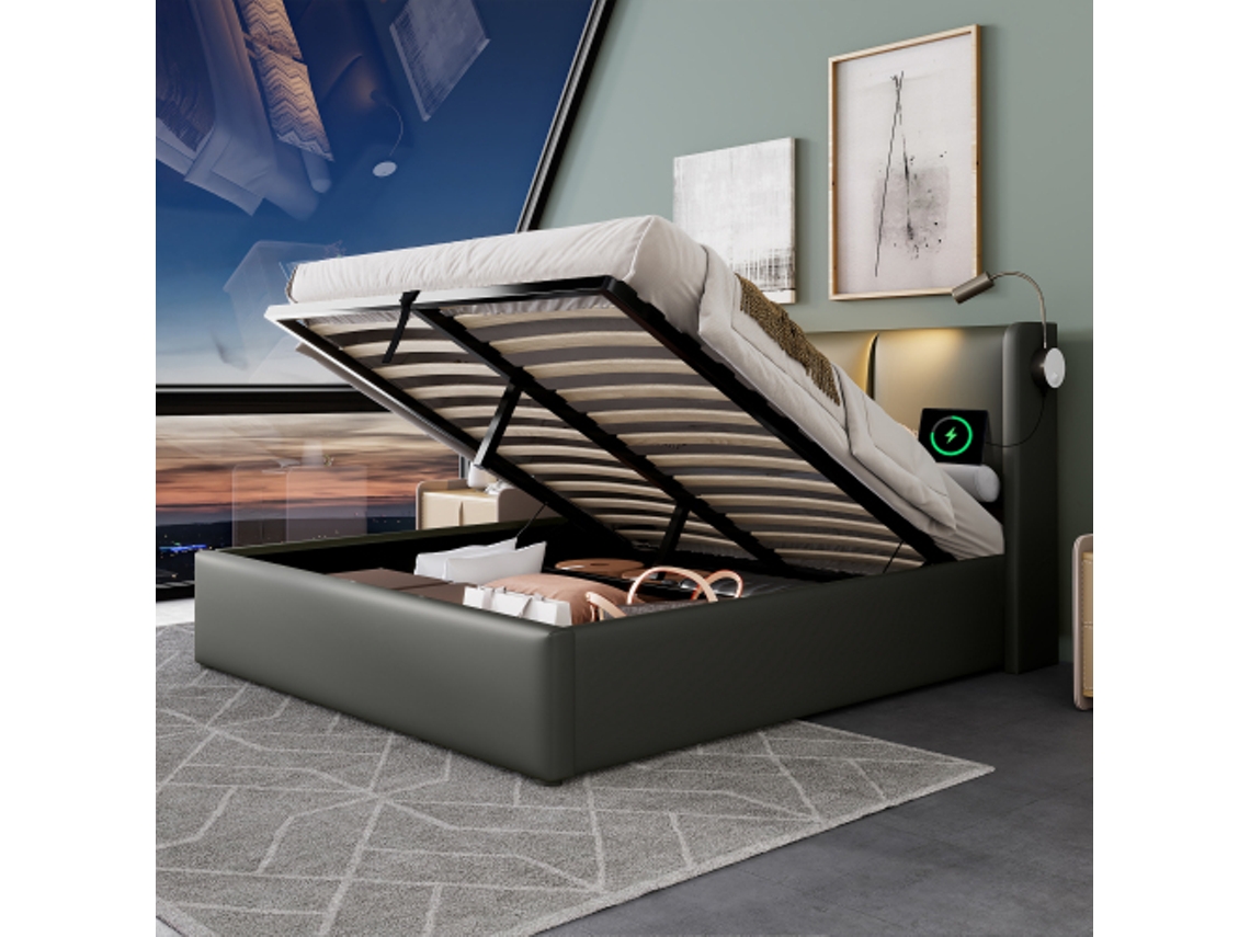 Cama Estofada, Cama De Casal, Cama Box Com Compartimento De Armazenamento, Luz De Leitura Com Função De Carregamento, Cabeceira, Cama Box Com Compart