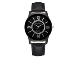 Relógio de pulso masculino, aço, couro PU, numerais romanos, casual, preto