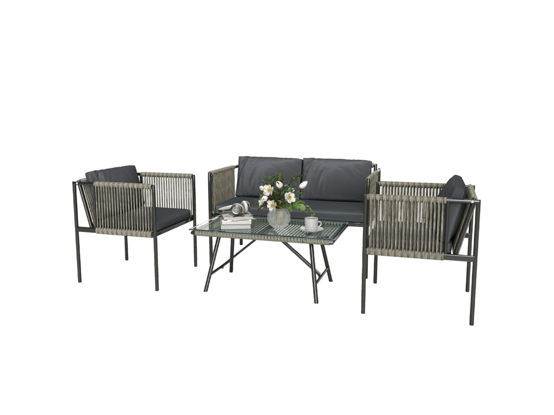 4 - Teiliges Gartenmöbel - Set. 1 Sofa. 2 Armchair. 1 Table With Glasplatte. Cushion. Stahlrahmen. Plastic - Rattan. Gray
