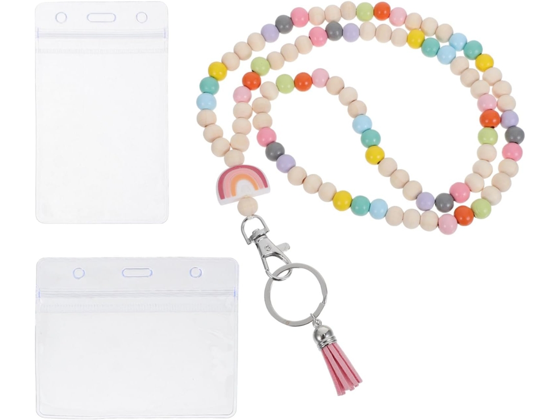 Cordão Porta Crachá De Madeira Com Contas Boho E Borla, Chaveiro De Liga De Zinco E Porta Crachá Transparente Para