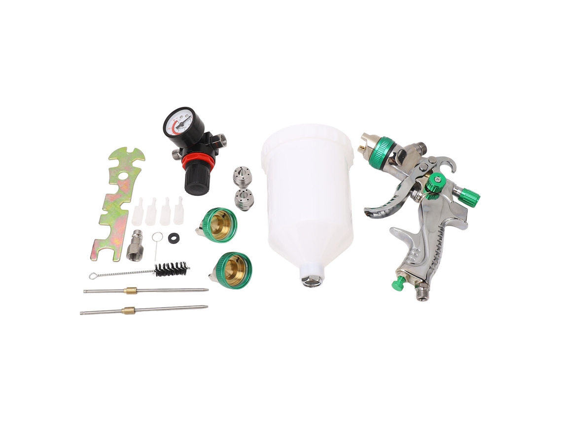 Kit de pistola de pintura HVLP de 600ml com alimentação por gravidade ajustável para uso automotivo e artesanal.