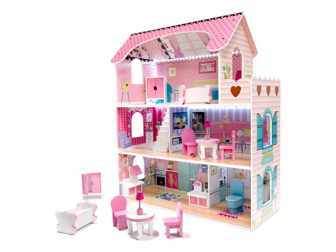 Casa de Bonecas em Madeira Mdf Mobília 70Cm Led Rosa PRICENET