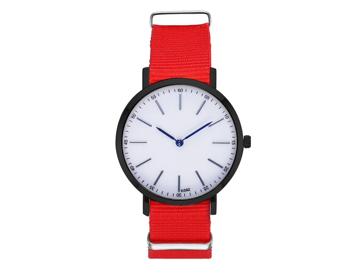 Relógio masculino de quartzo com mostrador redondo e elegante pulseira casual de nylon, vermelho.