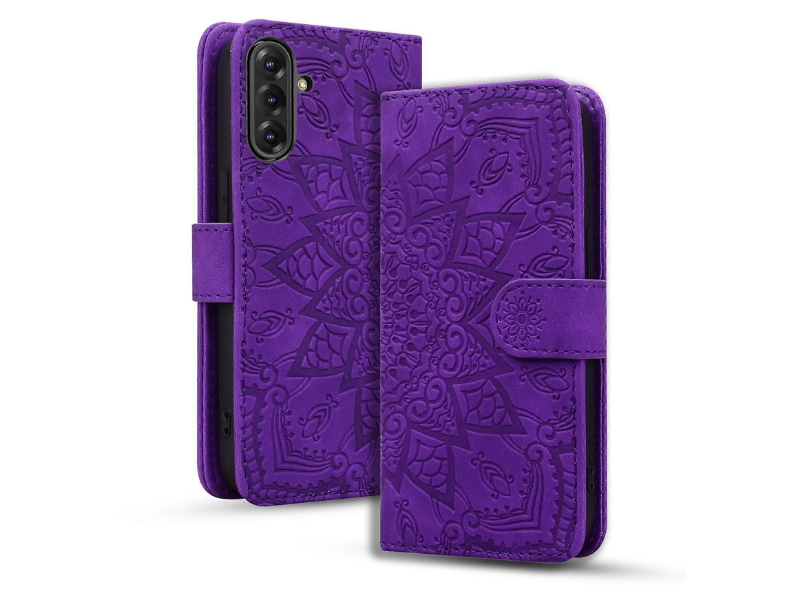 Capa De Celular Dupla Dobrável Em Couro De Bezerro Com Estampa De Mandala