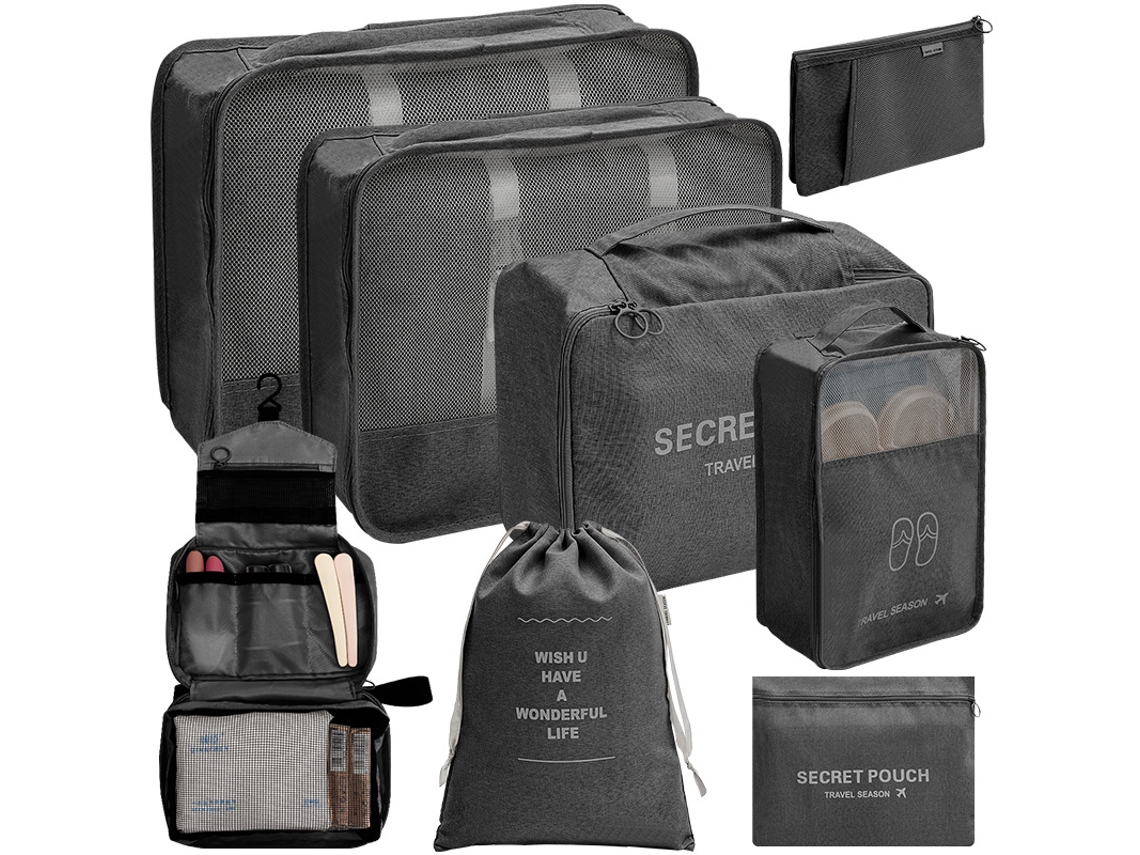 Conjunto De 8 Organizadores De Mala, Cor Preto, Para Organizar Roupas, Calçado E Acessórios Em Viagem