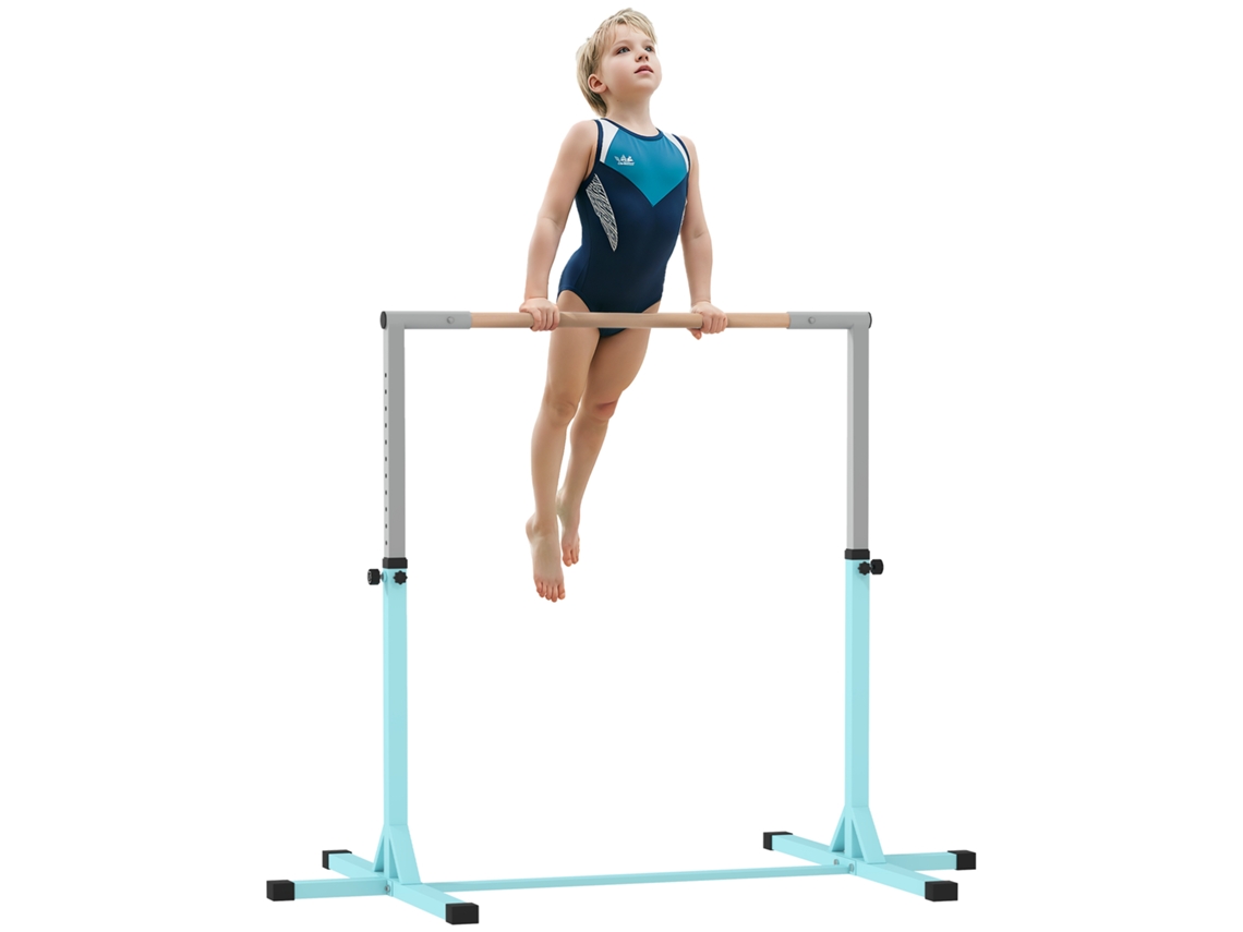 Barre Fixe De Gymnastique Pour Enfant, Hauteur Réglable 13 Niveaux De 92-150 Cm, En Acier Et Bois En Hêtre, Cyan