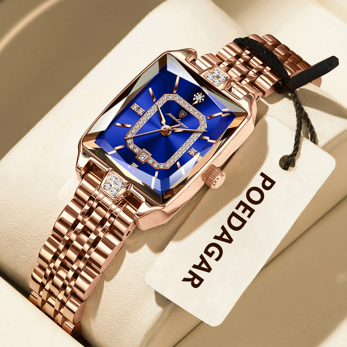 Relógio Feminino Casual de Luxo (ouro Rosa e Azul), À Prova D'água, Com Exibição de Dados e Movimento de Quartzo.
