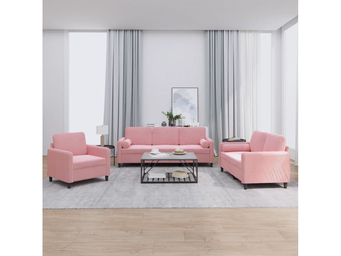 Vidaxl 3 Pcs Conjunto De Sofás Com Almofadas Veludo Rosa