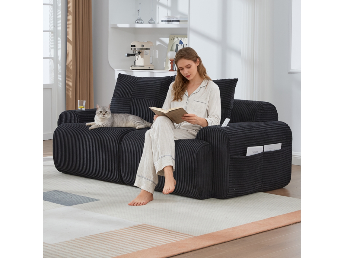 Sofá Modular De Veludo Cotelê Para 2 Lugares, Embalado A Vácuo, Combinável, Porta-copos, Bolsos Laterais, Cor Preta.