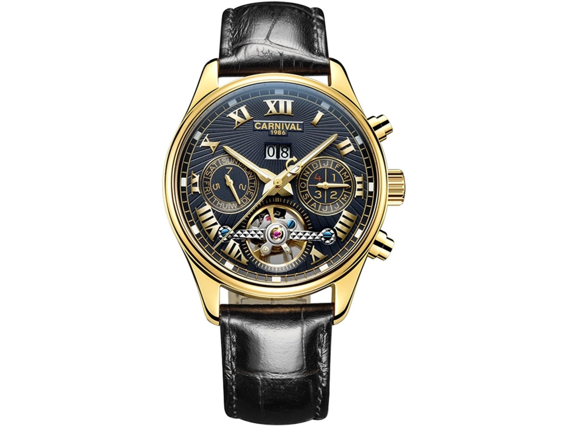 Lurelia Relógio Mecânico Masculino, Automático, Data/calendário, Mostrador Esqueleto, Aço Inoxidável, Couro, Resistente À Água, Preto E Dourado