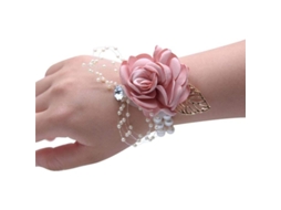 Nova Line corsagem de Pulso para Noiva e Damas de Honra com Pérolas Falsas e Flores Artificiais Rosa