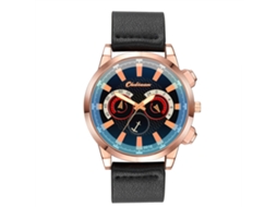 Relógio de pulso masculino casual em couro PU, modelo executivo moderno com pulseira preta e detalhes em ouro rosa.