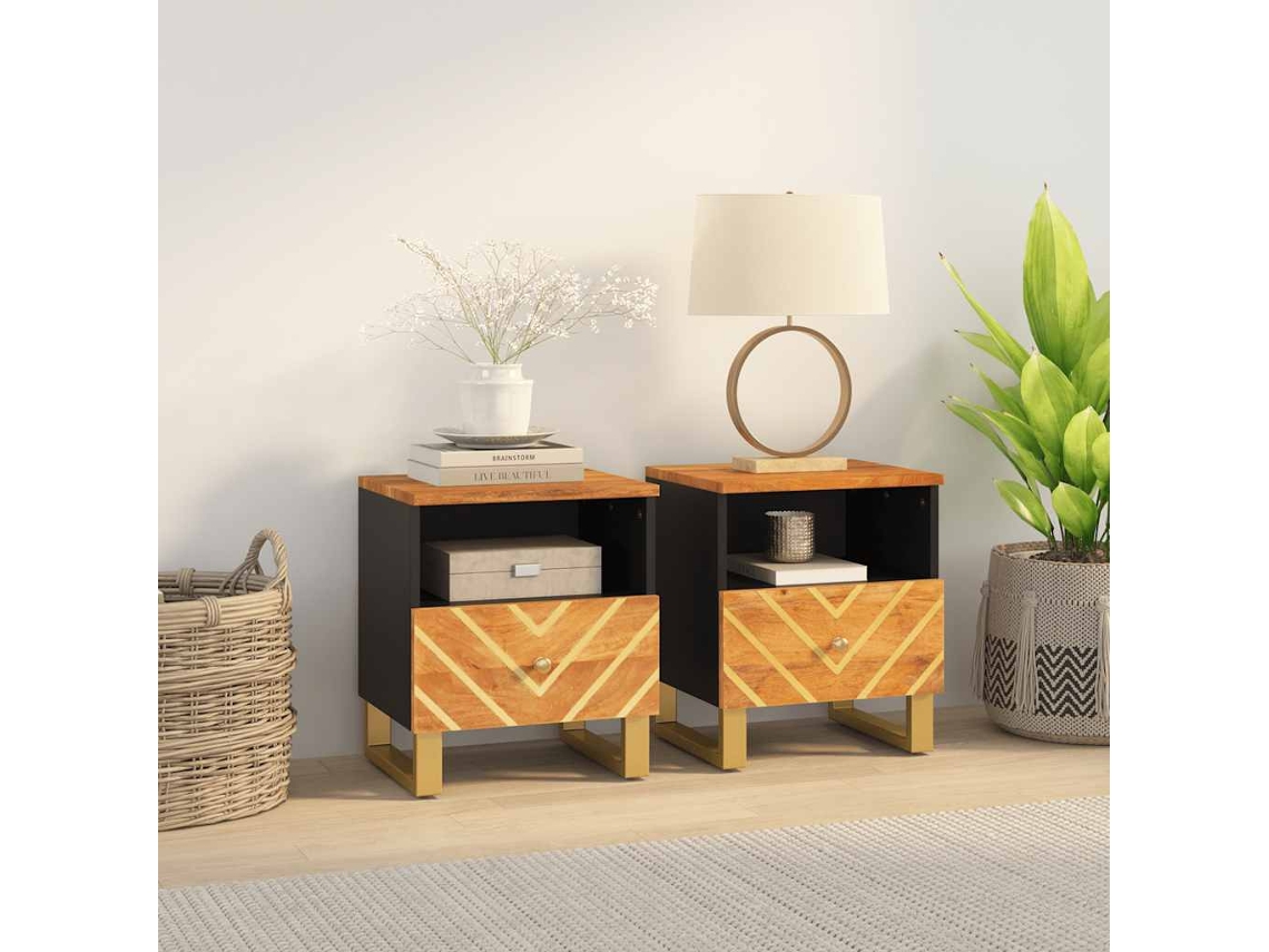 Vidaxl Mesas De Cabeceira 2 Pcs Mangueira Maciça Castanho E Preto