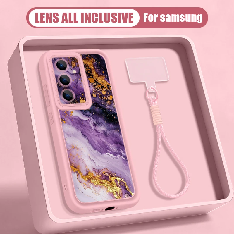 Capa Para Celular Galaxy S23 Fe Com Estampa De Mármore Rosa E Cordão.