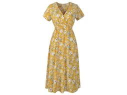 Vestido Midi De Chiffon Boho Verano Com Estampa Floral E Pontos Quadrados Colo V Manga Curta Cintura Alta Praia S Floral Pequeño Amarillo
