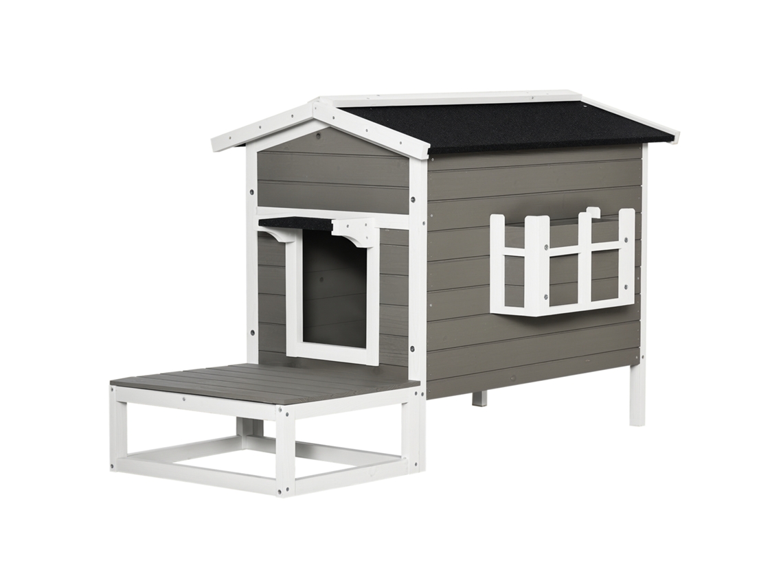 Casa de gato de madeira, impermeável, com telhado de asfalto, 115x66,5x74,7cm, cinza/branco S/MARCA