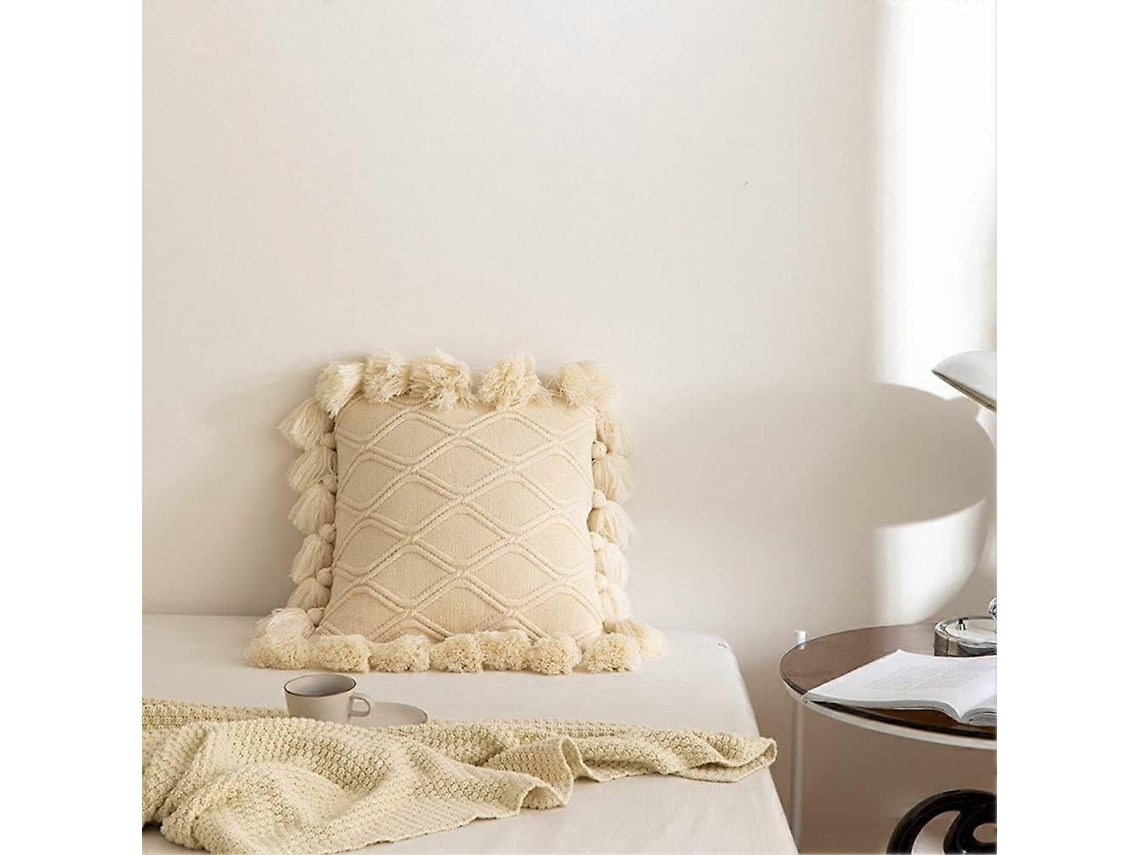 Almofada Decorativa De Malha Com Borlas E Estampa De Diamantes, Macia E Quente, Para Sofá-cama (bege, 45x45 Cm)