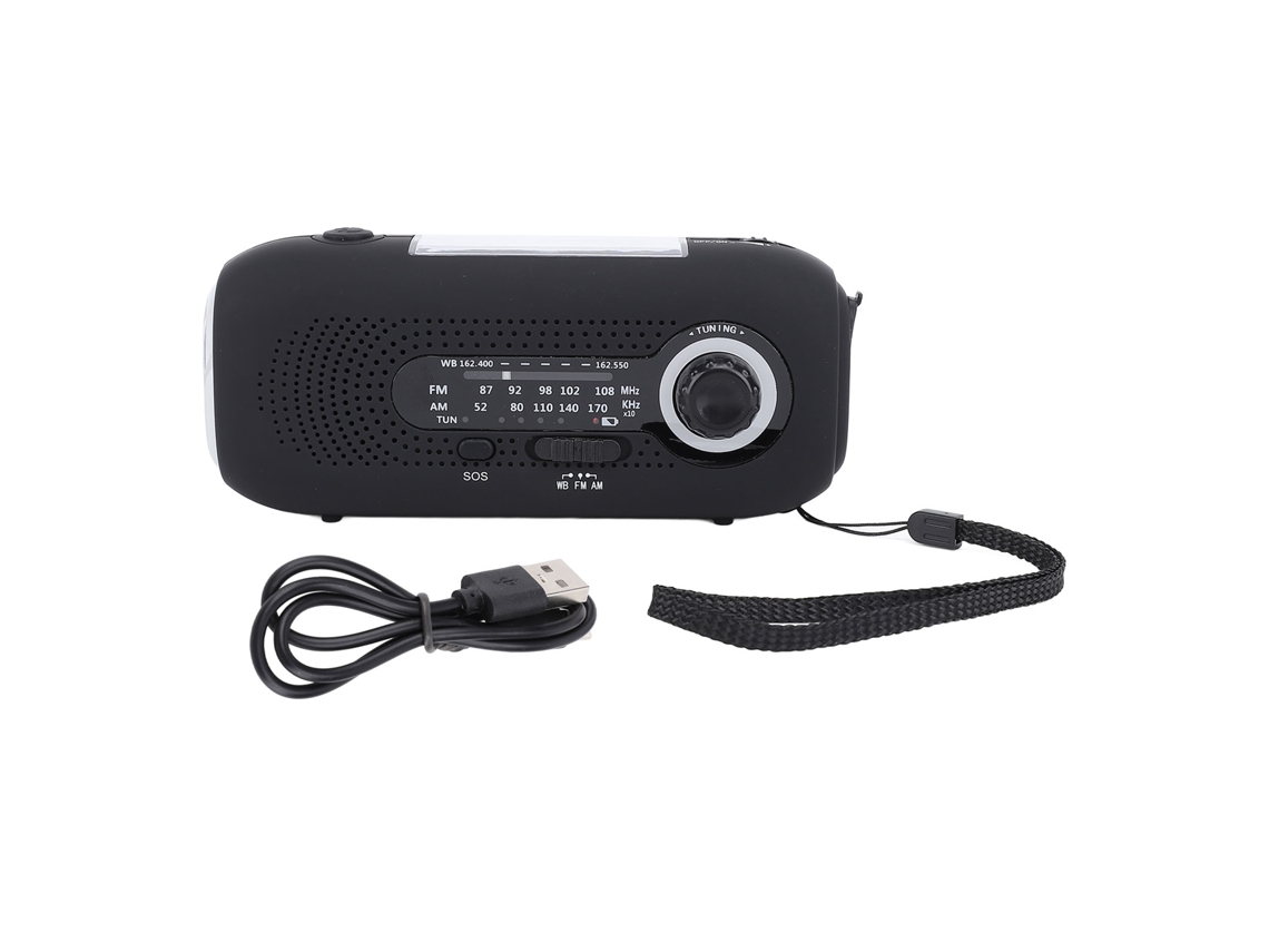 Rádio meteorológico solar com lanterna de 5 LEDs de 1 W, carregamento por manivela tipo E-C, bateria de 2000 mAh, função SOS, preto.