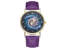 Relógio de quartzo unissex com pulseira de couro PU, mostrador com tema do universo e numerais romanos (roxo)