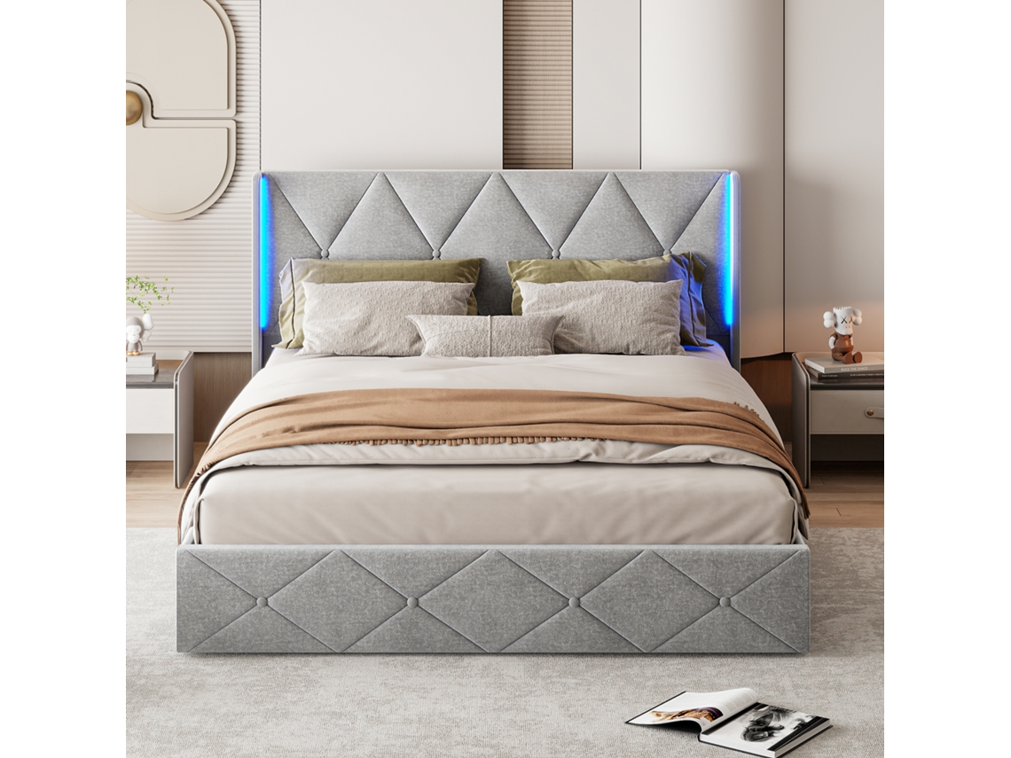 Cama Matrimonial 160x200 Con Almacenaje Hidráulico Y Led, Tapizada En Terciopelo Gris, Mecanismo De Gas, Capacidad 340kg