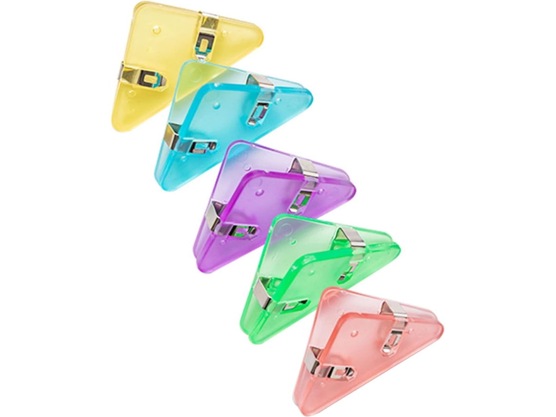 Conjunto de 5 clipes de papel com bordas triangulares, ideais para organizar arquivos e organizar pastas de até 50 folhas, perfeitos para uso escolar.