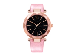 Relógio de Pulso Feminino de Moda com Pulseira de Couro Pu e Mostrador Redondo Rosa