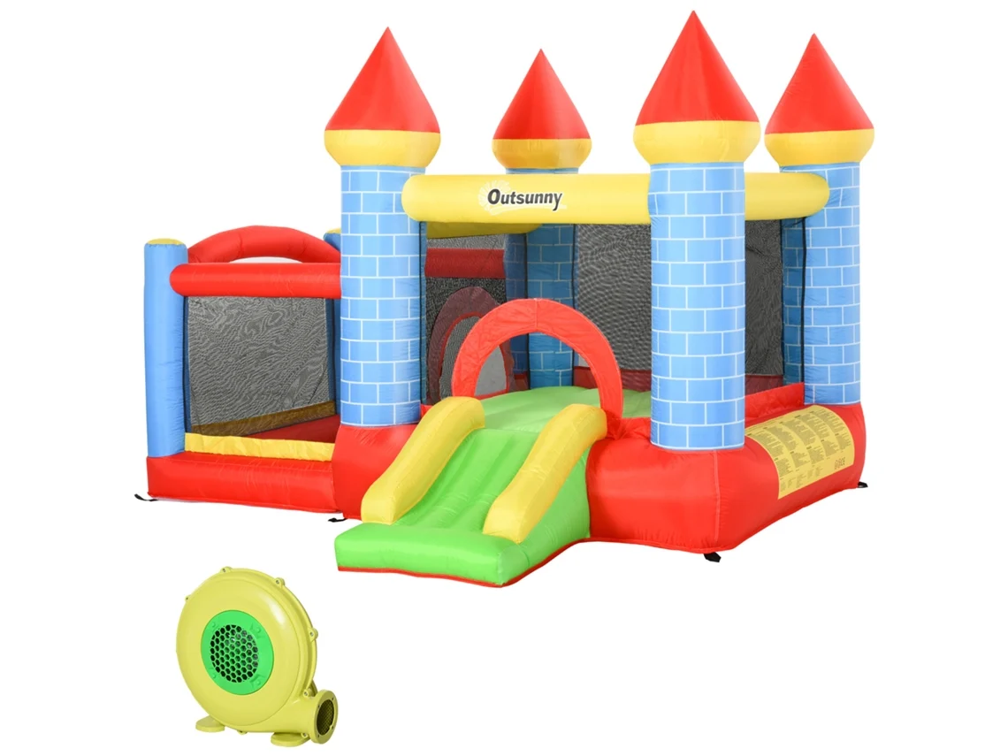 Castelo Inflável com Piscina de Escorregador para 3 Crianças Castelo com Soprador para 3 a 8 Anos Vermelho+azul+verde 280 X 260 X 210 Cm Ge