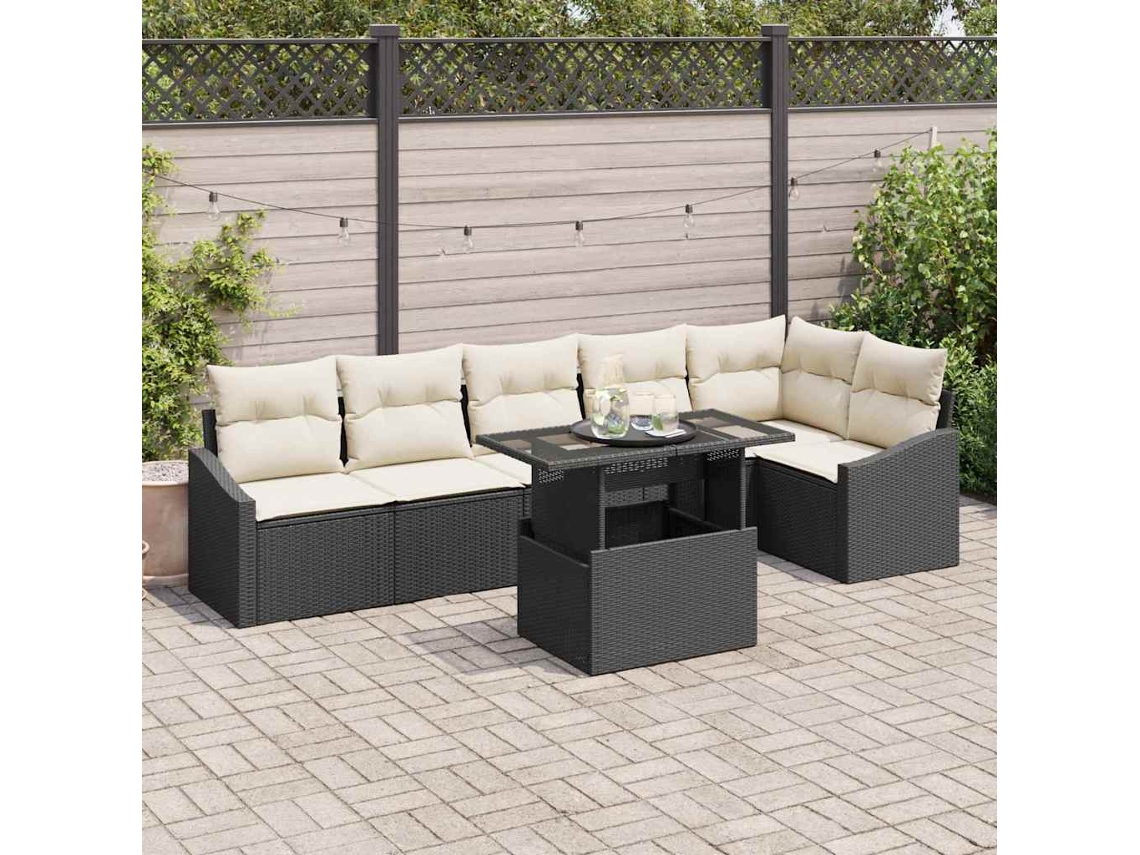 Vidaxl Conjunto De Sofá De Jardim 7 Unid. Preto E Creme Vime Pe