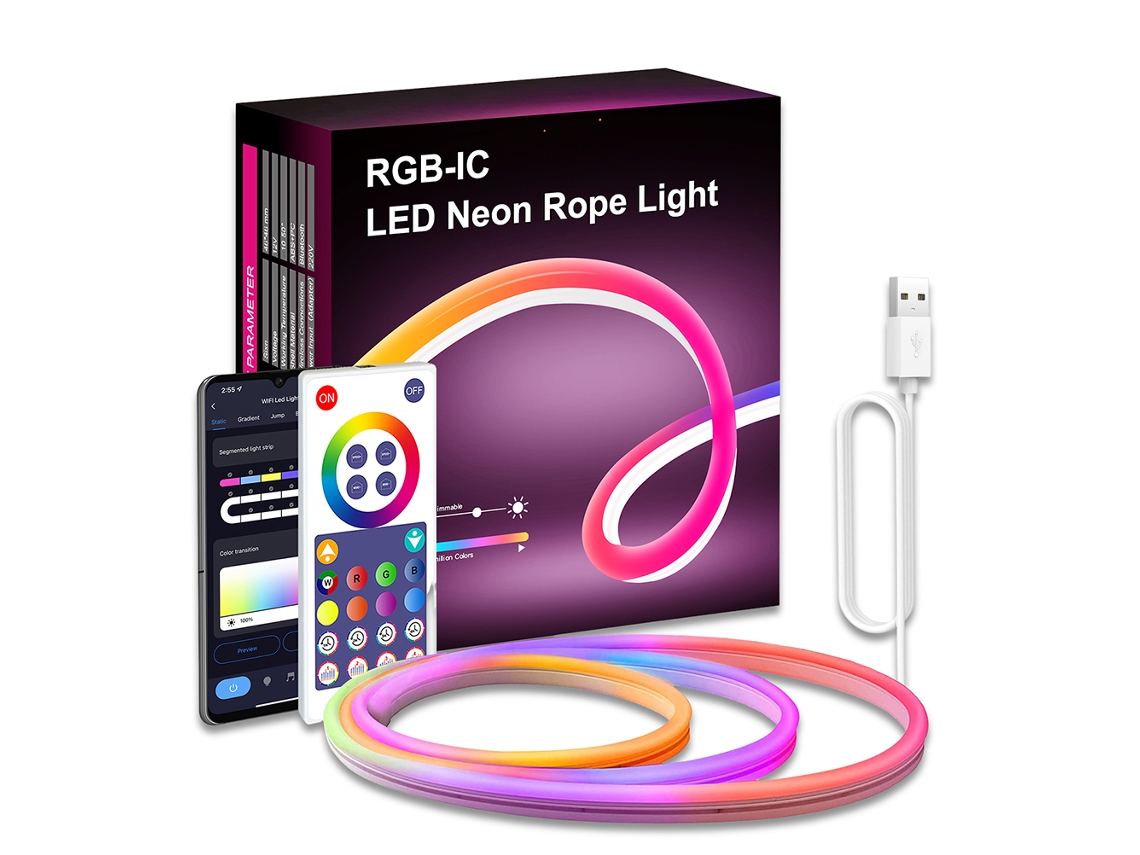 Luz neon LED RGB inteligente com controle app, WiFi, Bluetooth, modo música, 3 metros, IP68 | S/MARCA