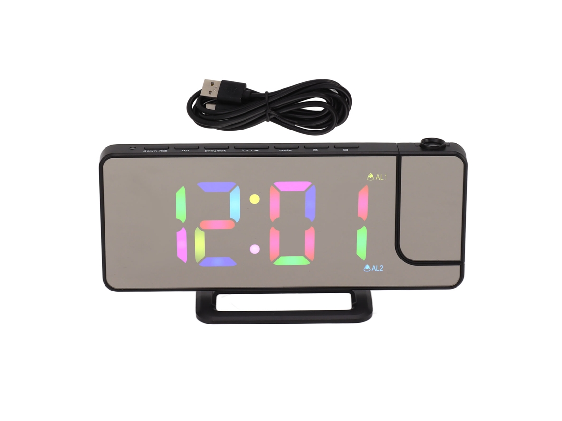 Relógio de mesa multifuncional Baok-reloj com projeção digital LED RGB em tela grande e alarme eletrônico, cor preta.