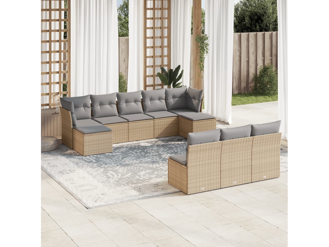 Conjunto de 10 Sofás para Jardim com Almofadas Vime Pe Bege Dkd Home Decor