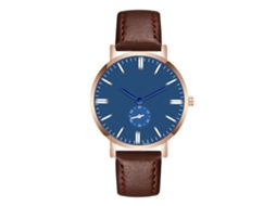 Relógio de pulso masculino com pulseira de couro PU, mostrador redondo moderno, movimento de quartzo, marrom escuro.