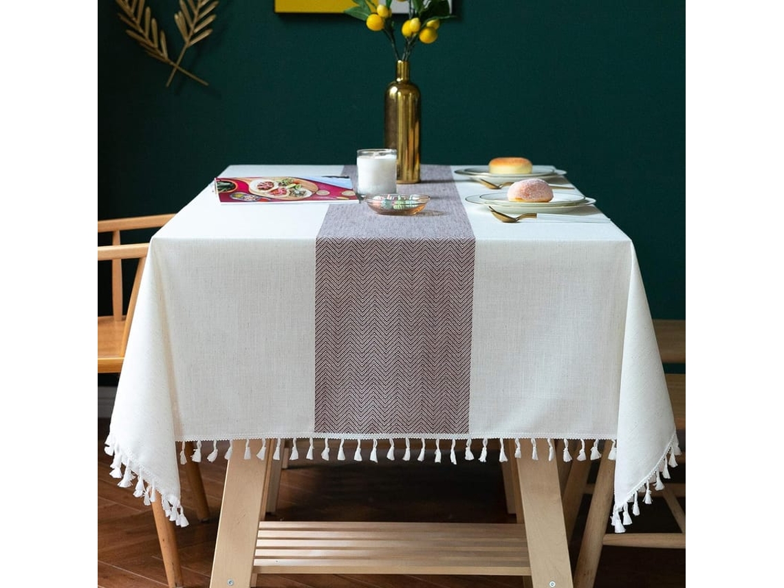 Mantel Rústico De Algodão E Linho Para Mesa Retangular 4-6 Assentos, Bege Com Listras Vinho, 55x70 Polegadas