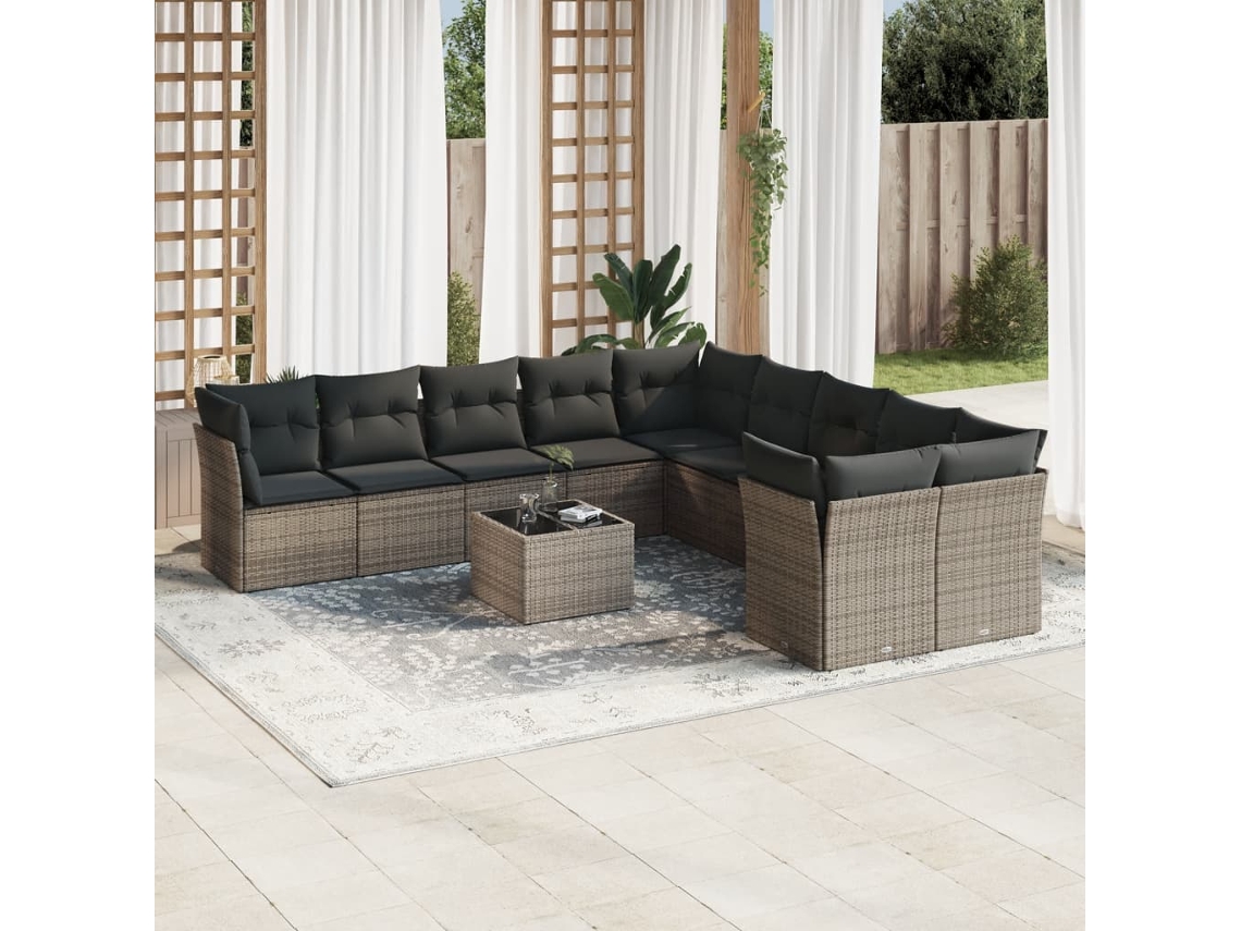 Vidaxl 11 Pcs Conjunto Sofás De Jardim C/ Almofadões Vime Pe Cinzento