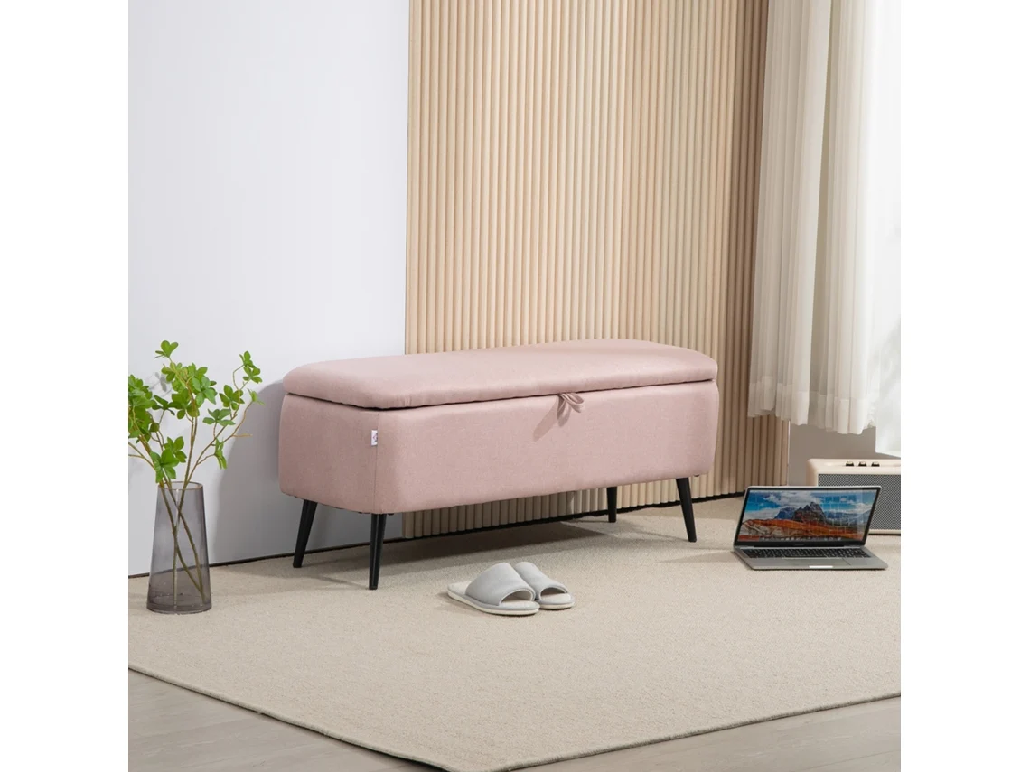 Banco Armazen. Estofado Linho com Tampa Abatível e Pés Aço Carga Máxima 150kg 101x38.5x44.5 Cm Rosa
